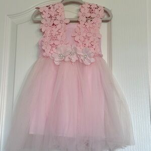 Pink Lace and Tulle Dress with Floral Accents